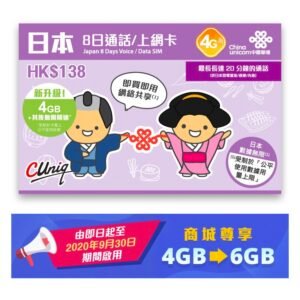 8日日本4G/3G無限上網數據卡(首4GB高速數據)